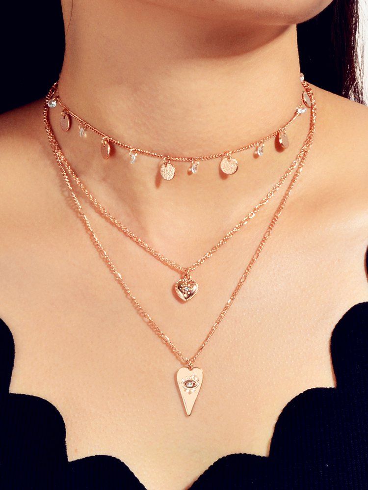 

Geometric Eye Heart Shape Multilayered Necklace, Gold