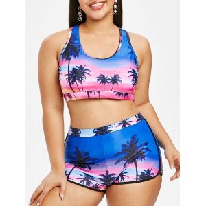 

Plus Size Sunset Palm Tree Print Racerback Tankini Swimsuit, Multi a