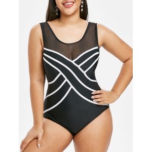 

Plus Size Stripe Sheer Mesh One-piece Swimsuit, Black