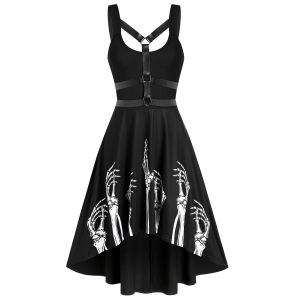 

Skeleton Print Harness Insert High Low Flare Dress, Black