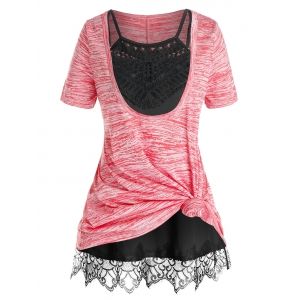 

Plus Size Front Knot Marled Tee and Cami Top Set, Watermelon pink