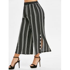 

Plus Size Striped Slit Buttoned Palazzo Wide Leg Pants, Black