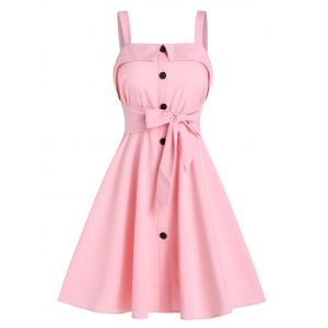 

Mock Button Tie Waist Cami A Line Dress, Pink