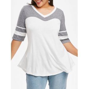 

Curved Hem Stripes Panel Colorblock Plus Size Top, White