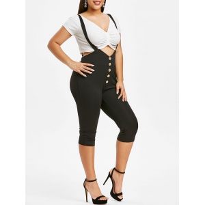 

Plus Size Mock Button Capri Suspender Pants, Black