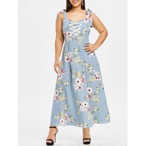 

Plus Size Flower Tie Shoulder Lace Up Maxi Dress, Baby blue