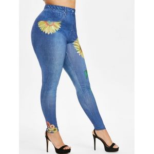 

Plus Size Sunflower 3D Print High Waisted Jeggings, Ocean blue