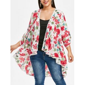 

Plus Size Asymmetric Open Front Floral Blouse with Lace, White