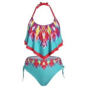 

Plus Size Ruffled Geometry Cinched Tankini Swimwear, Turquoise