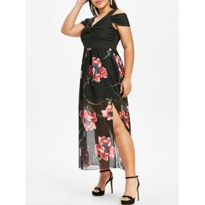 

Plus Size Flower Twisted Cold Shoulder Slit Dress, Black