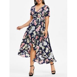 

Plus Size Kimono Floral Printed High Low Dress, Black