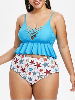 Plus Size Crisscross Starfish Shell Printed Cami Peplum Tankini Swimsuit - DEEP SKY BLUE - L