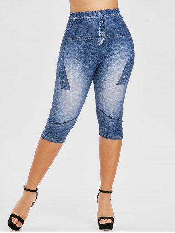 

Plus Size 3D Jean Print Cropped High Waisted Jeggings, Cornflower blue