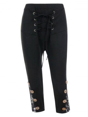 

Plus Size Lace Mesh Mock Button Lace Up Pants, Black