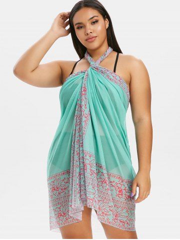 

Sheer Mesh Printed Plus Size Beach Throw, Green
