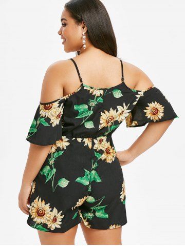 

Plus Size Sunflower Cold Shoulder Crochet Panel Drawstring Romper, Black