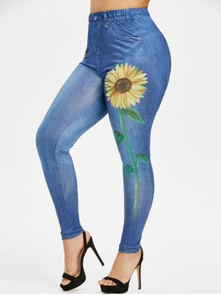 Plus Size Sunflower 3D Print High Waisted Jeggings