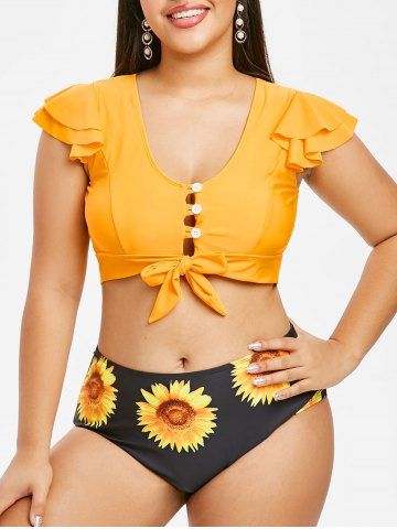 Tie Front Button Loop Sunflower Plus Size Two Piece Swimwear - RUBBER DUCKY YELLOW - 3X