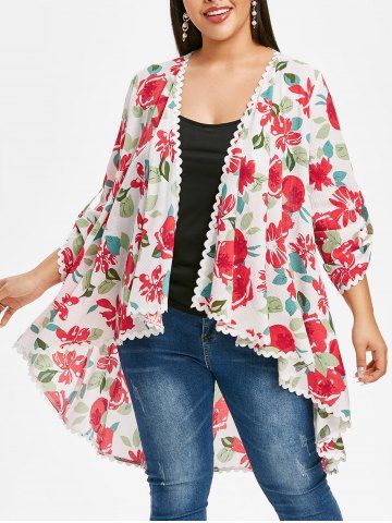 Plus Size Lace Panel Floral High Low Summer Open Cardigan - WHITE - 3X