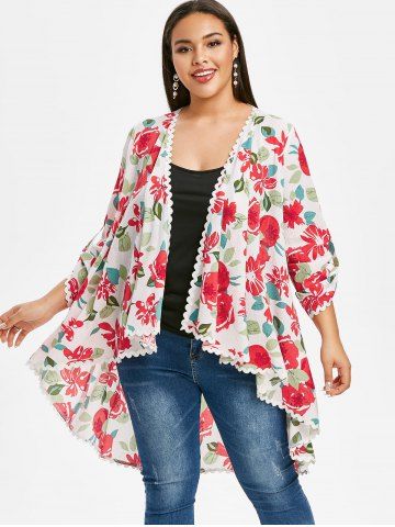 Plus Size Lace Panel Floral High Low Summer Open Cardigan