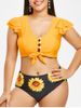 Tie Front Button Loop Sunflower Plus Size Two Piece Swimwear -  