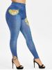 Plus Size Sunflower 3D Print High Waisted Jeggings -  