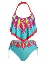 Plus Size Ruffled Geometry Cinched Tankini Swimwear -  