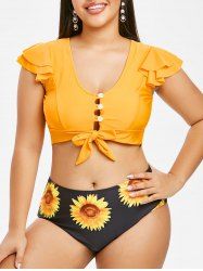 Tie Front Button Loop Sunflower Plus Size Two Piece Swimwear -  