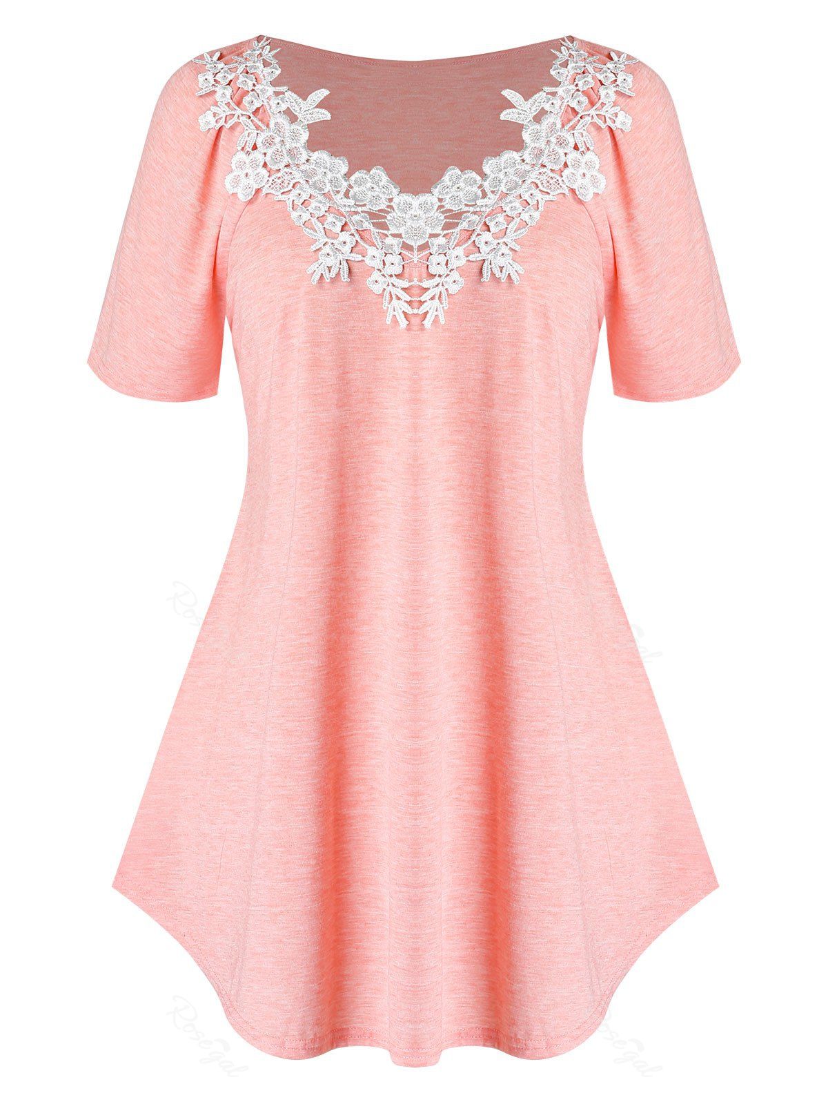 

Plus Size Raglan Sleeve Lace Guipure T Shirt, Light pink