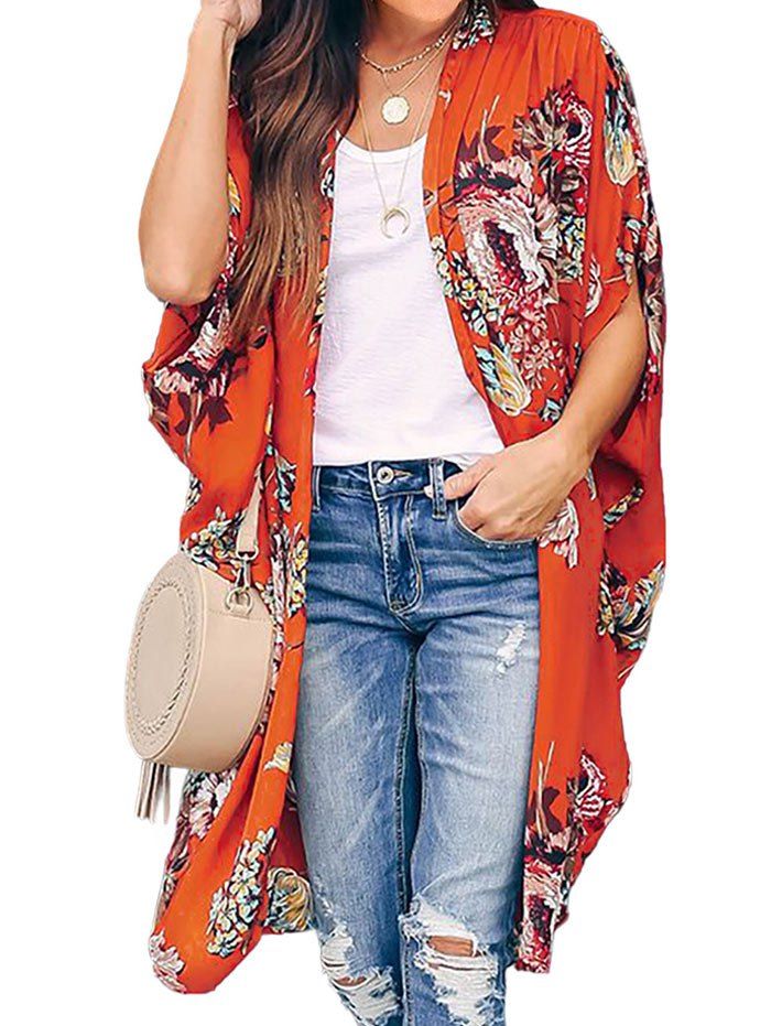 

Batwing Sleeve Flower Open Front Longline Blouse, Bright orange