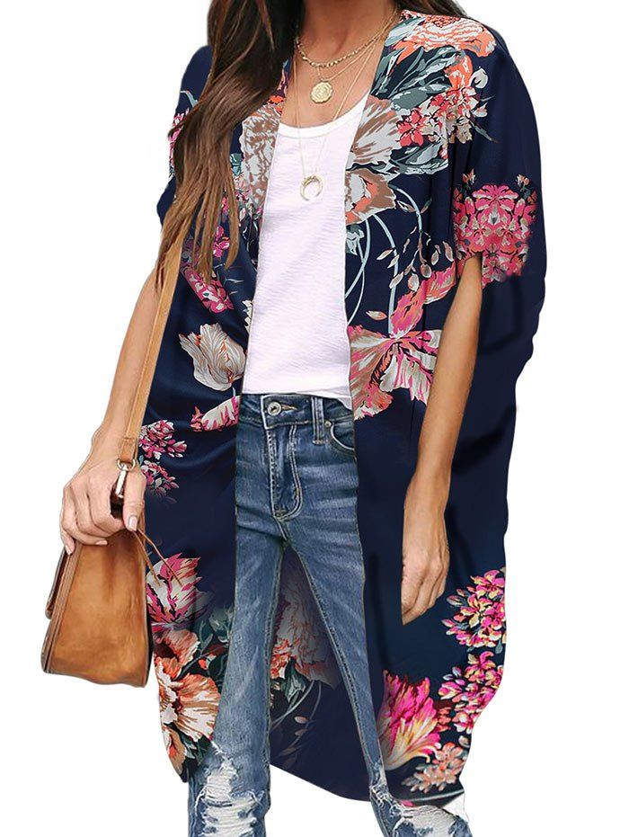 

Batwing Sleeve Flower Open Front Longline Blouse, Lapis blue