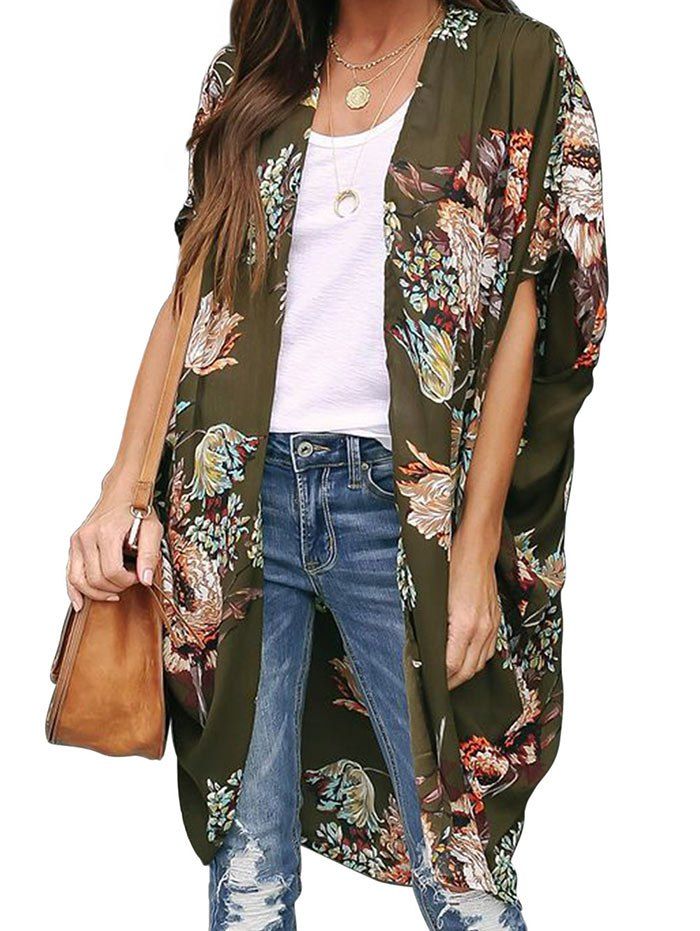 

Batwing Sleeve Flower Open Front Longline Blouse, Camouflage green