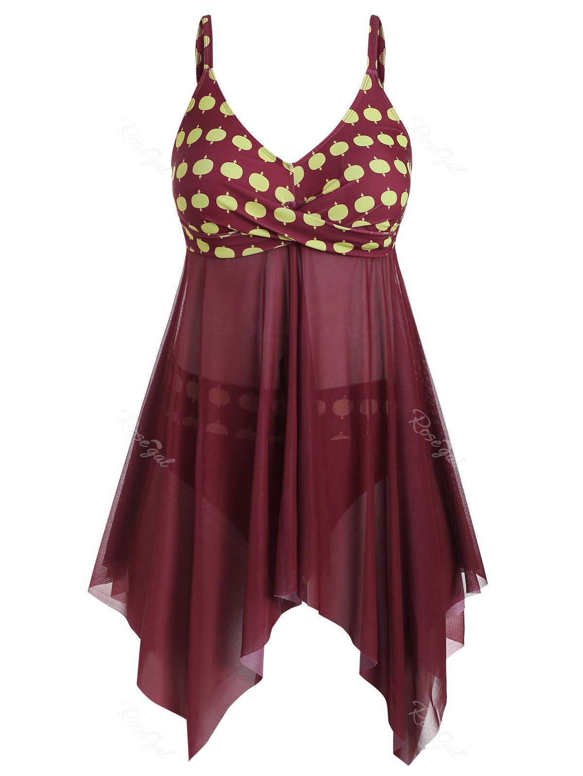 

Plus Size Handkerchief Crossover Sheer Mesh Tankini Swimwear, Red wine