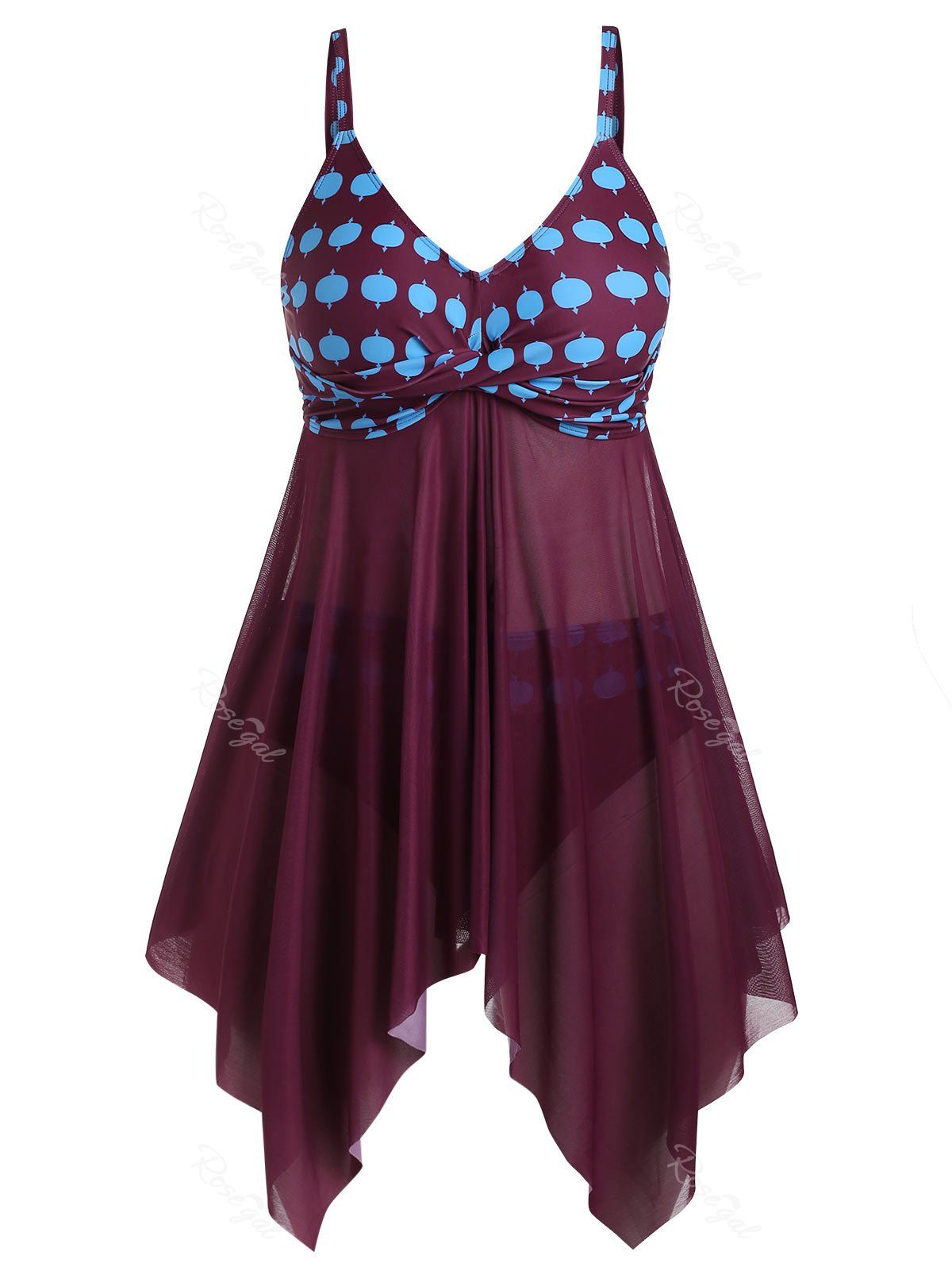 

Plus Size Handkerchief Crossover Sheer Mesh Tankini Swimwear, Maroon