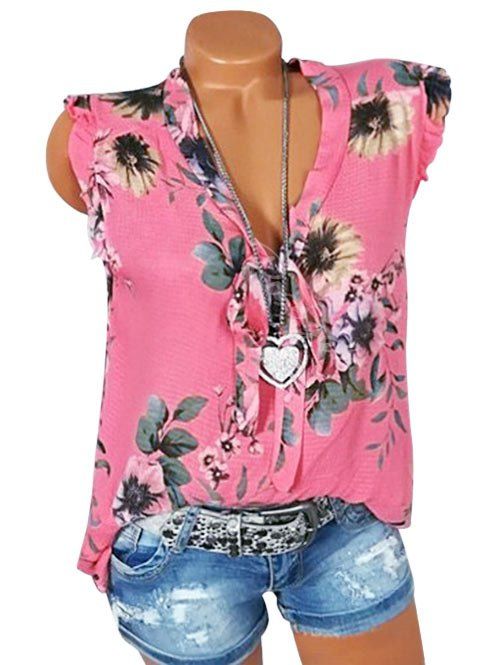 

Plus Size Bowknot Tie Ruffle Floral Tank Top, Watermelon pink