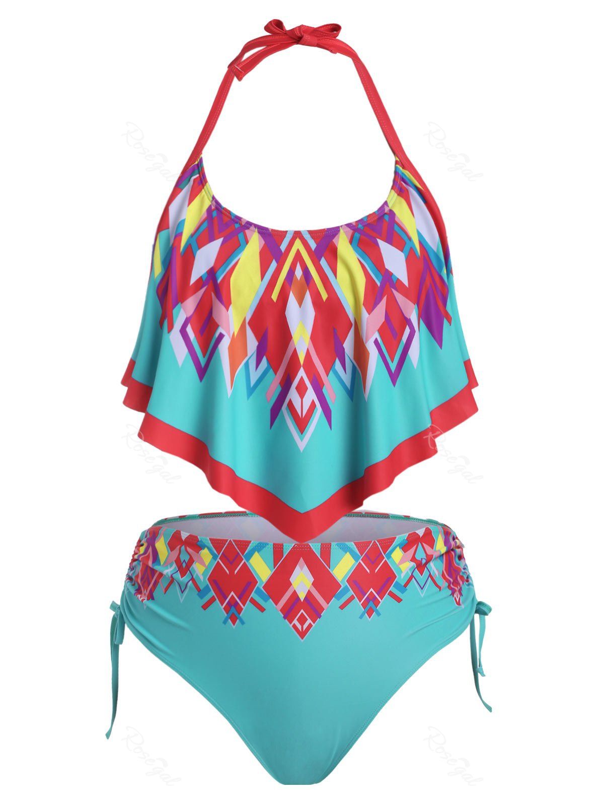 New Plus Size Ruffled Geometry Cinched Tankini Swimwear  