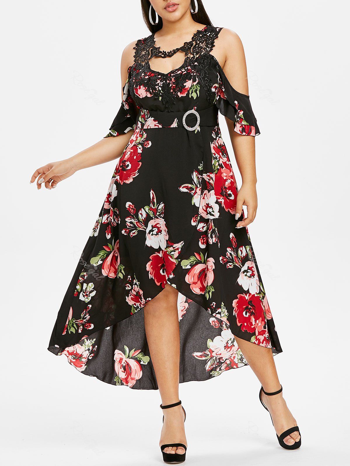 

Plus Size Lace Insert Cutout High Low Floral Dress, Black