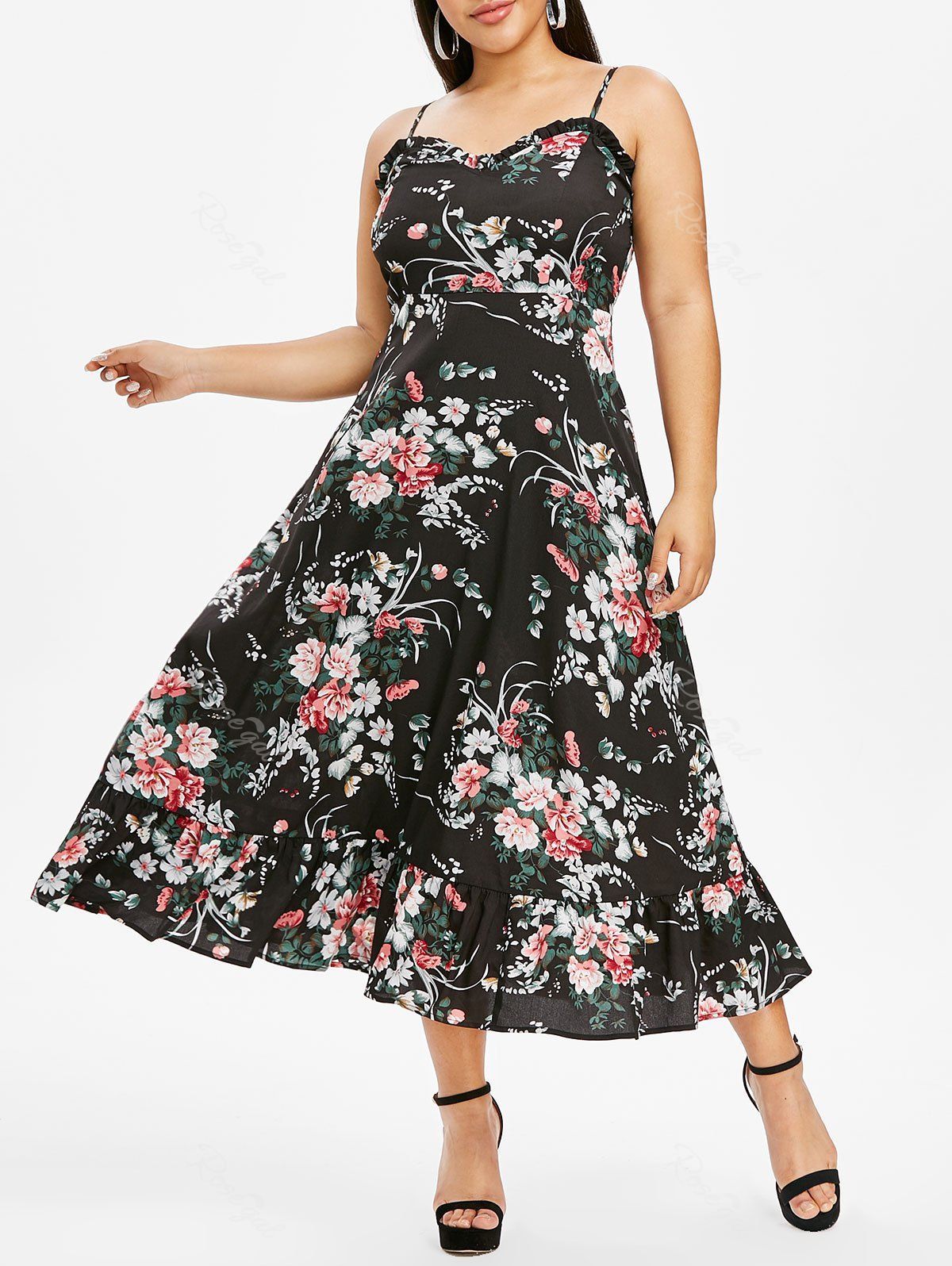 

Plus Size Flower Print Flounce Frilled Cami Midi Dress, Black