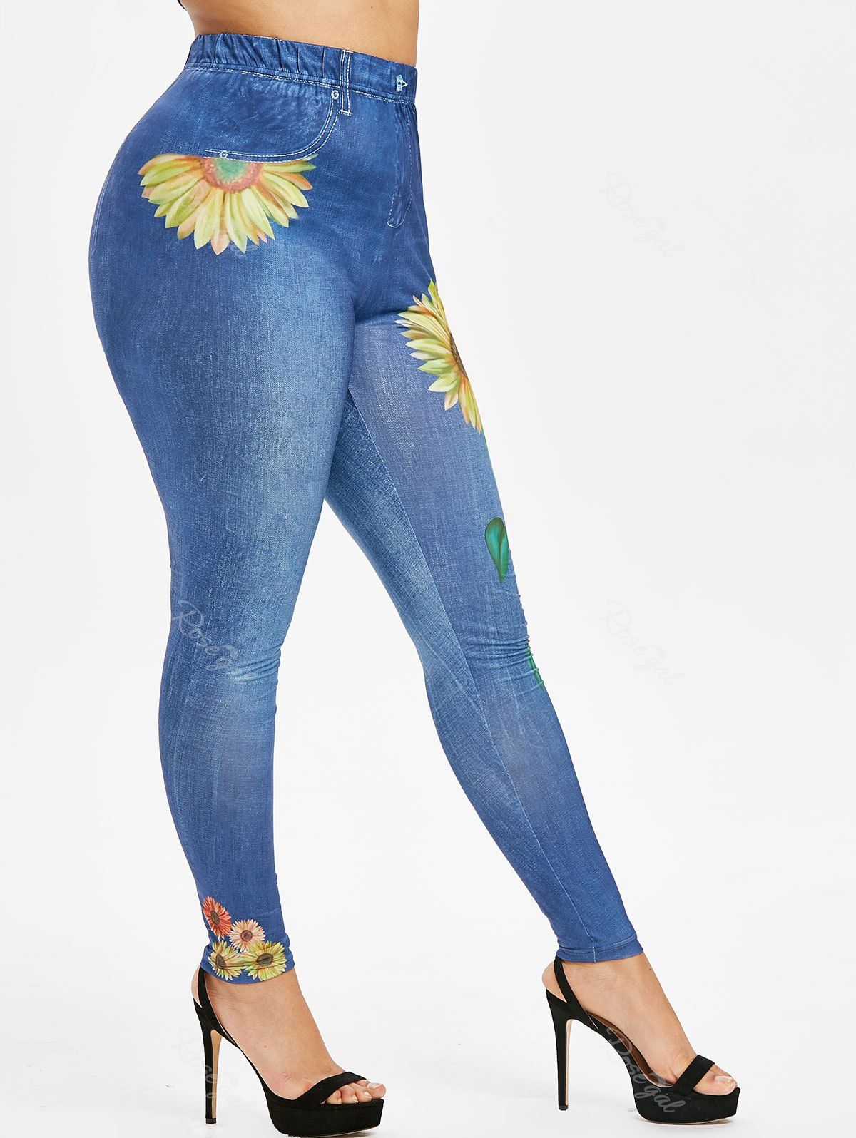 Store Plus Size Sunflower 3D Print High Waisted Jeggings  