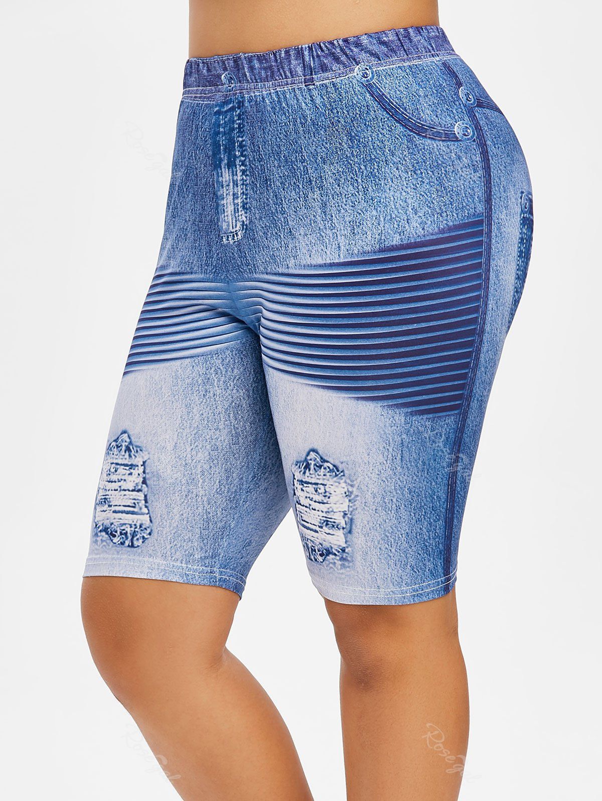 

Plus Size Ripped Jean Print Design Fitted Leggings, Blue ivy