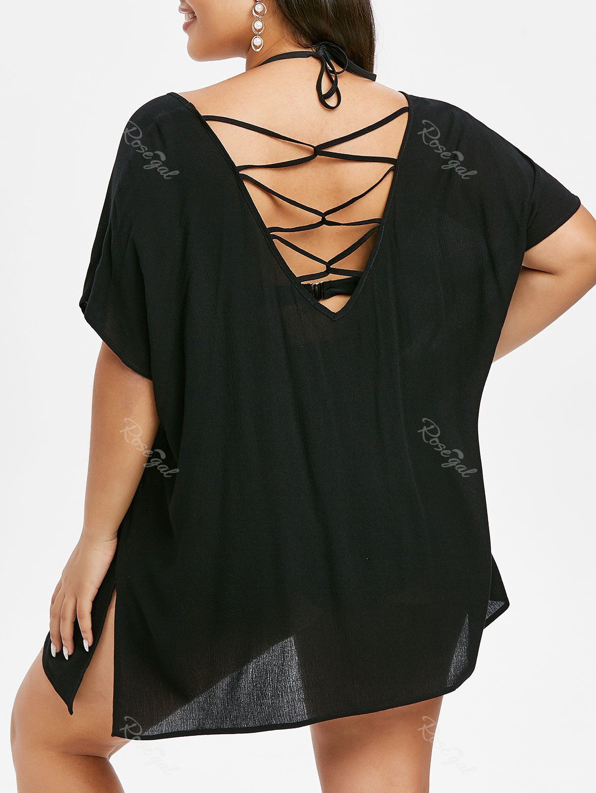 

Plus Size Crisscross V Neck Slit Tunic Cover Up, Black
