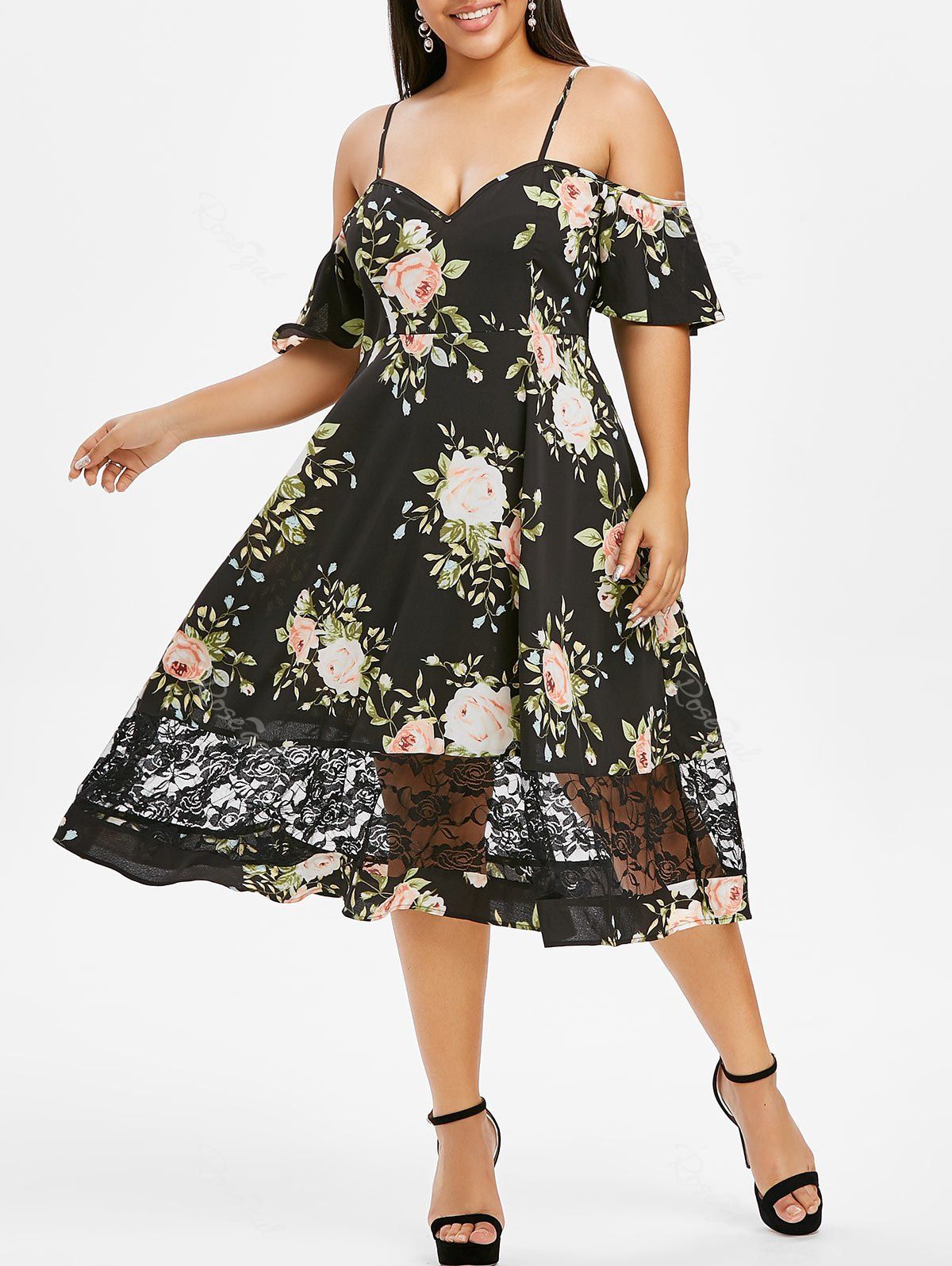 

Plus Size Flower Cold Shoulder Lace Panel Casual Dress, Black