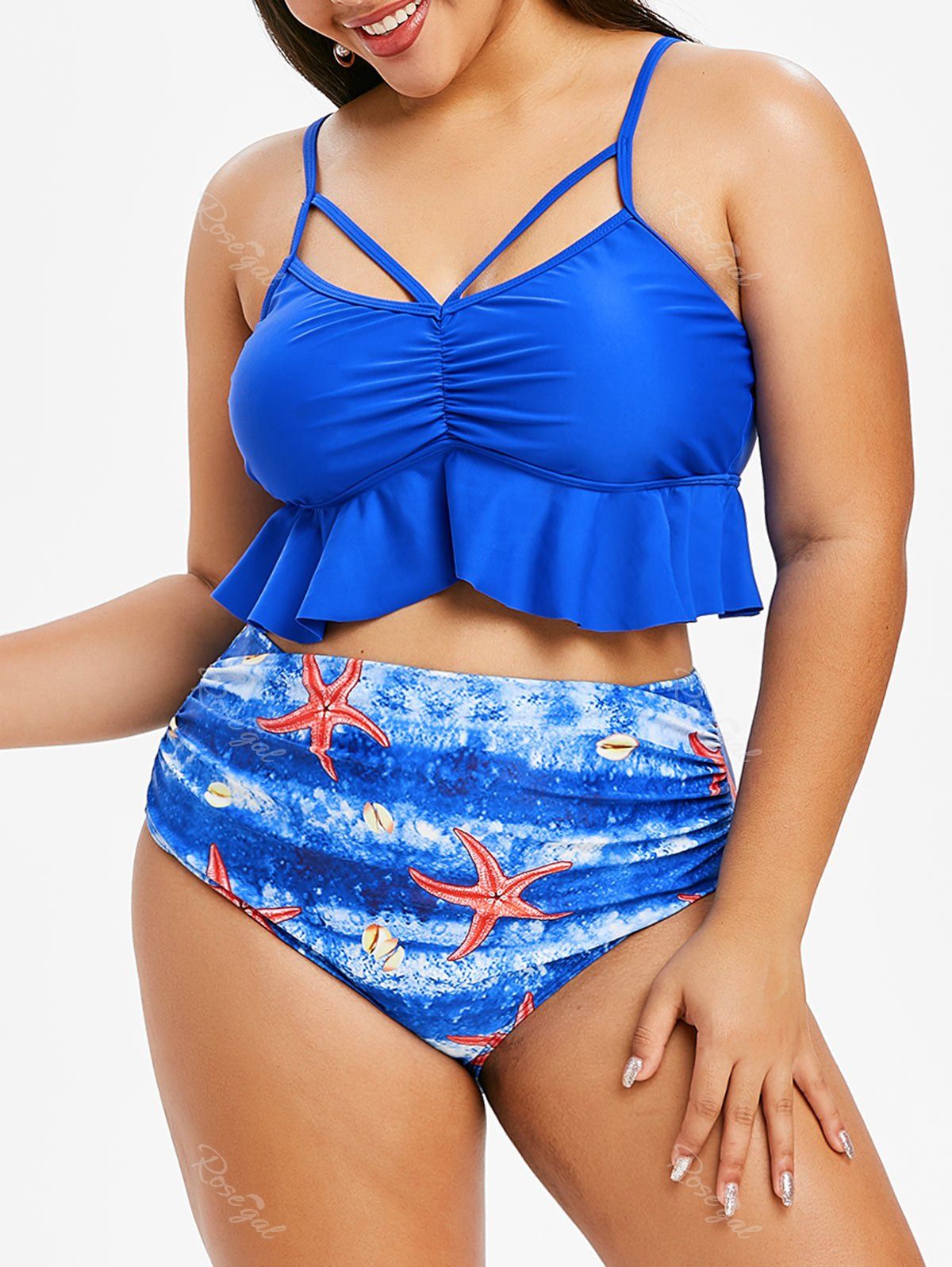 Chic Plus Size Ruched Starfish Pattern Peplum Tummy Control Tankini Swimsuit  