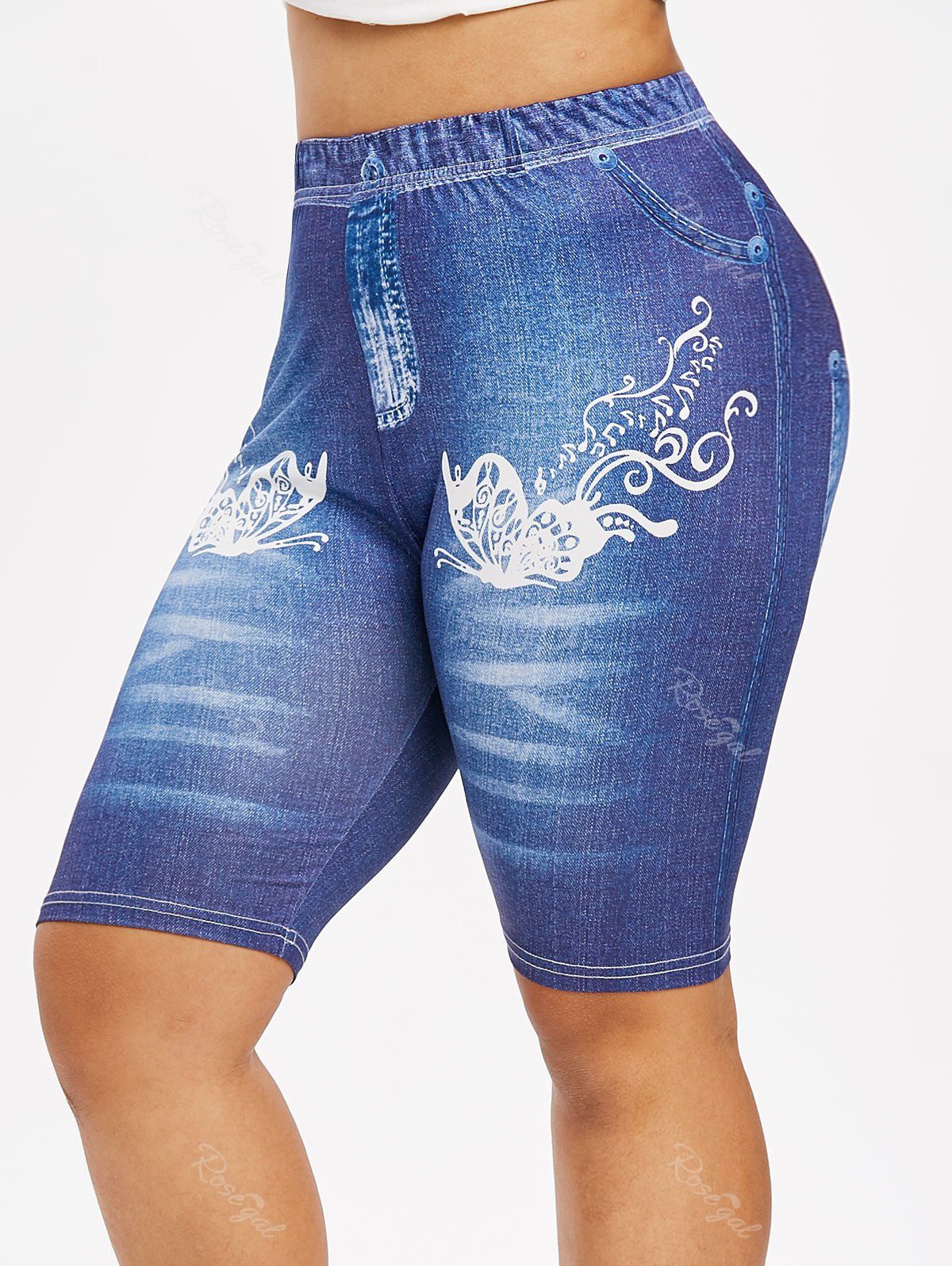 

Plus Size 3D Butterfly Denim Print Biker High Rise Jeggings, Cobalt blue