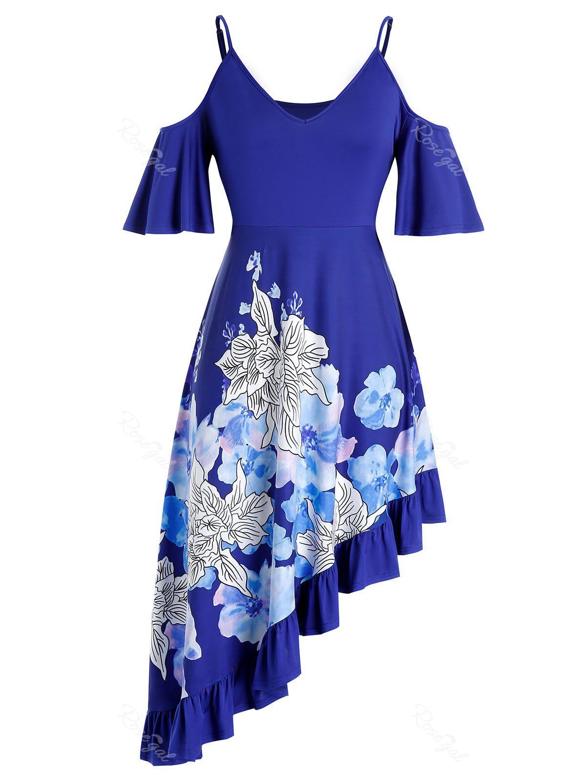 

Plus Size Asymmetrical Flower Cold Shoulder Flounce Midi Dress, Blueberry blue