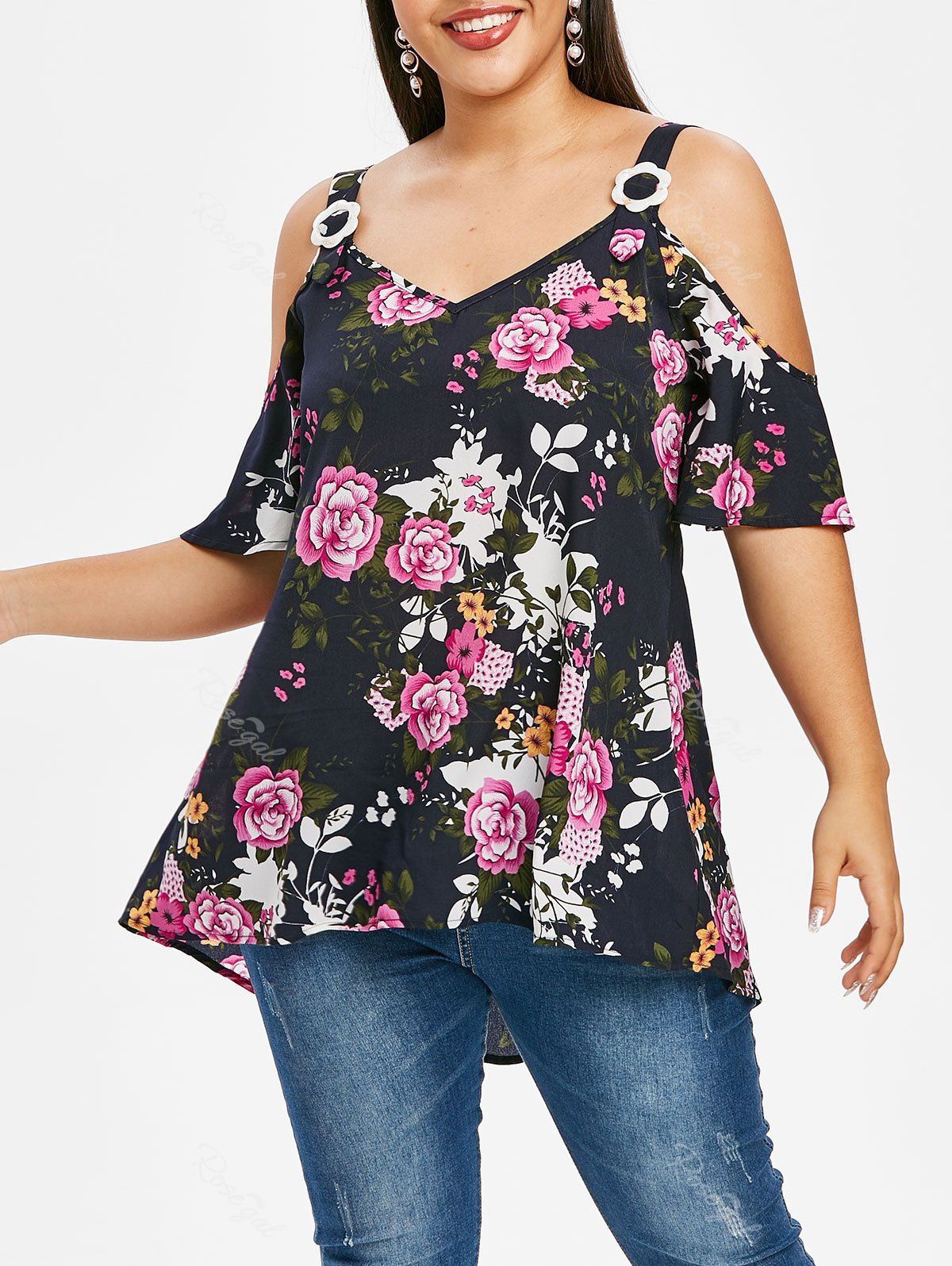 

Plus Size Cold Shoulder High Low Floral Blouse, Black