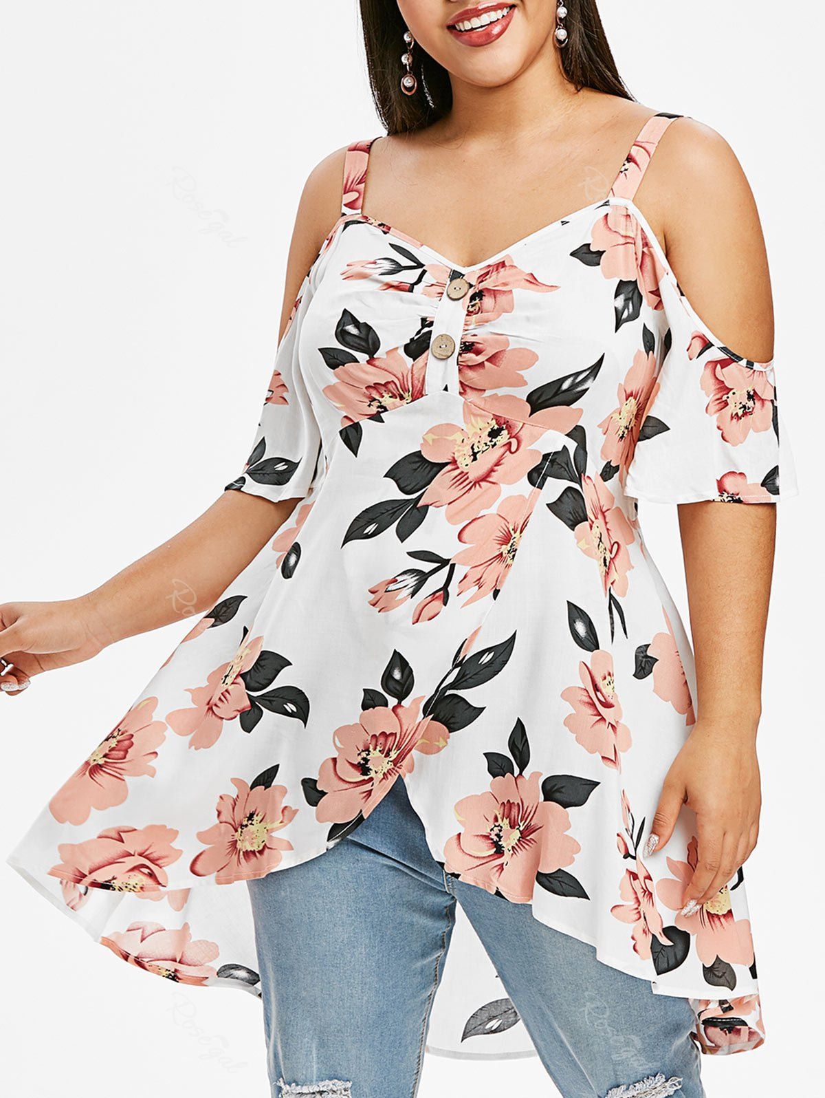 

Plus Size Flower Print Cold Shoulder Tulip Hem T-shirt, Milk white