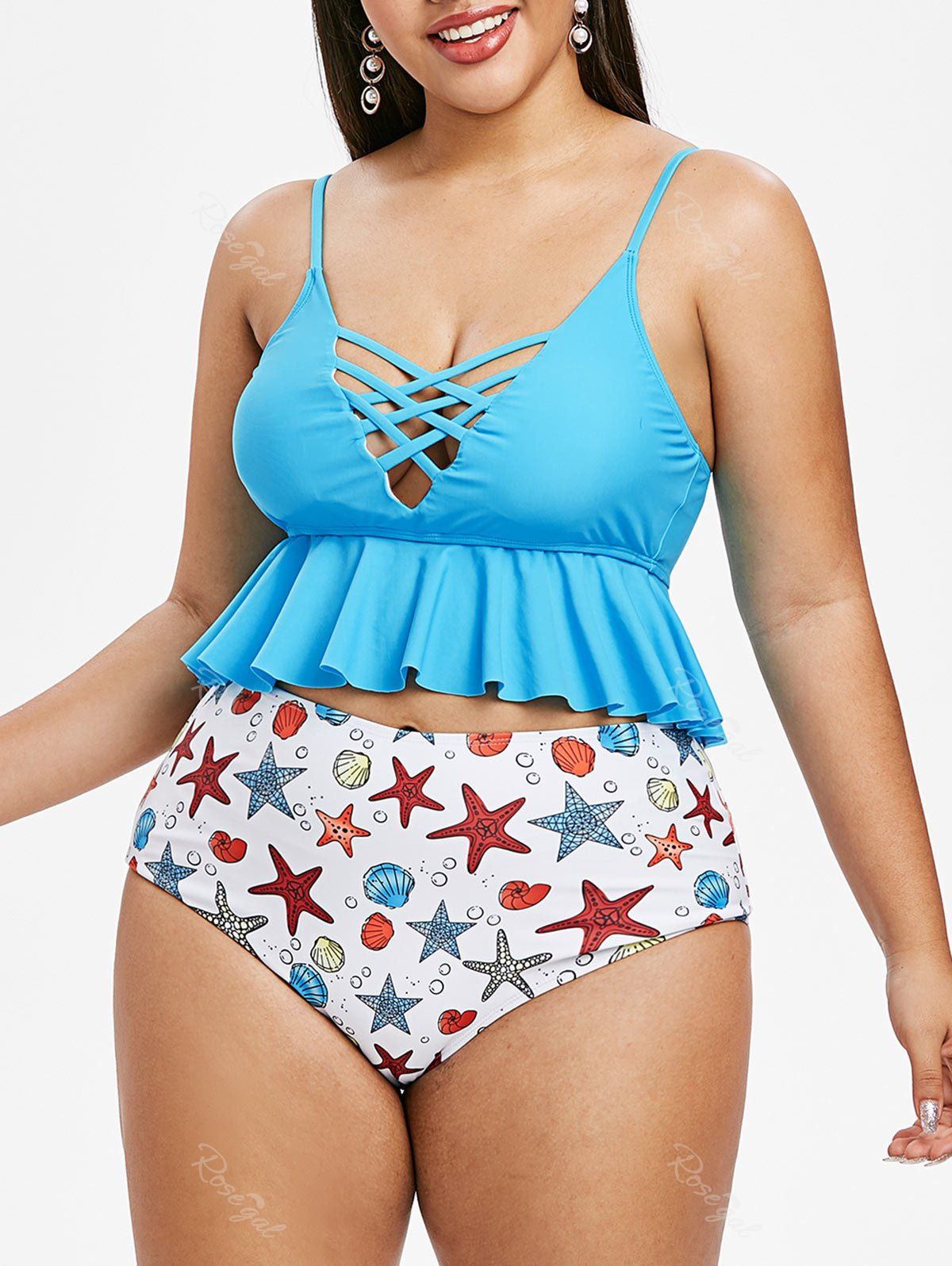Unique Plus Size Crisscross Starfish Shell Printed Cami Peplum Tankini Swimsuit  
