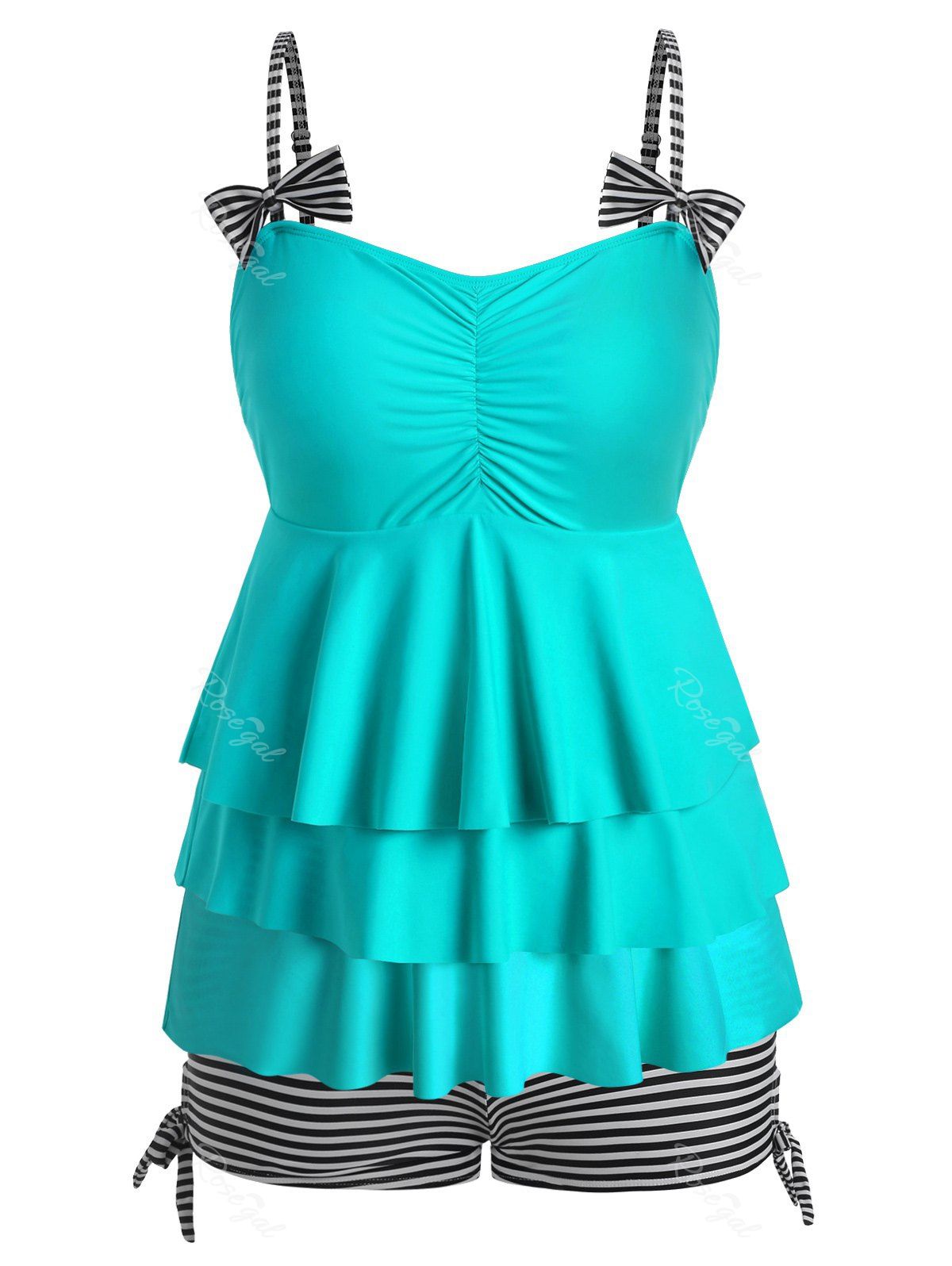 

Plus Size Striped Bowknot Tiered Tankini Swimwear, Celeste