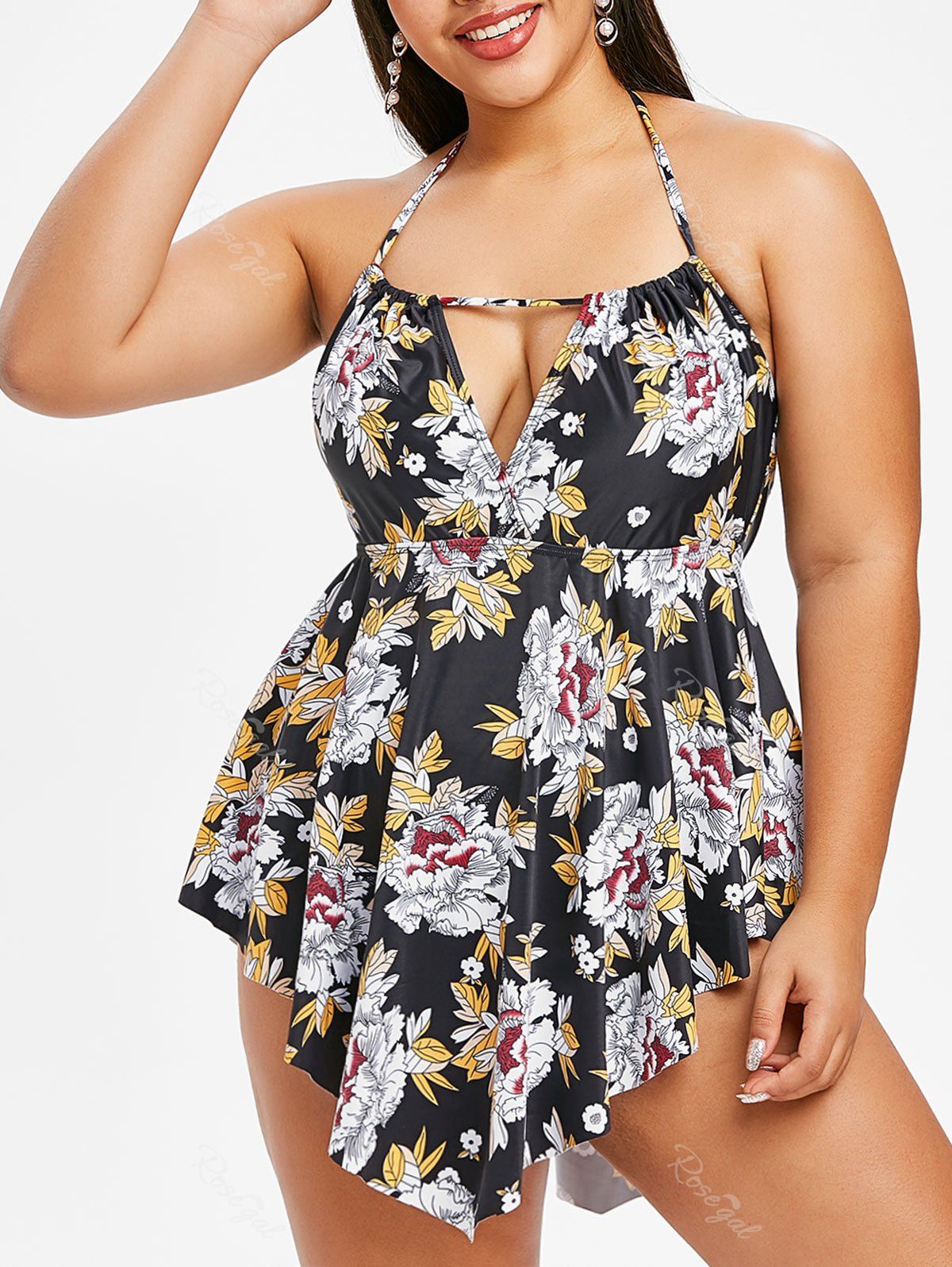 Plus Size Flower Pattern Hanky Hem Halter Tankini Swimsuit OFF Rosegal